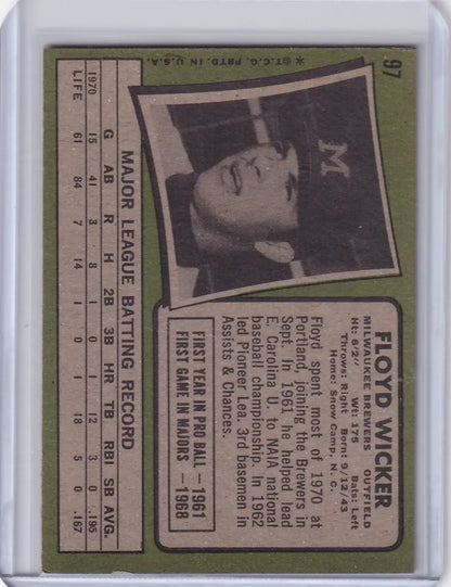 Baseball card of Floyd Wicker, a Milwaukee Brewers player from Topps Baseball 1971