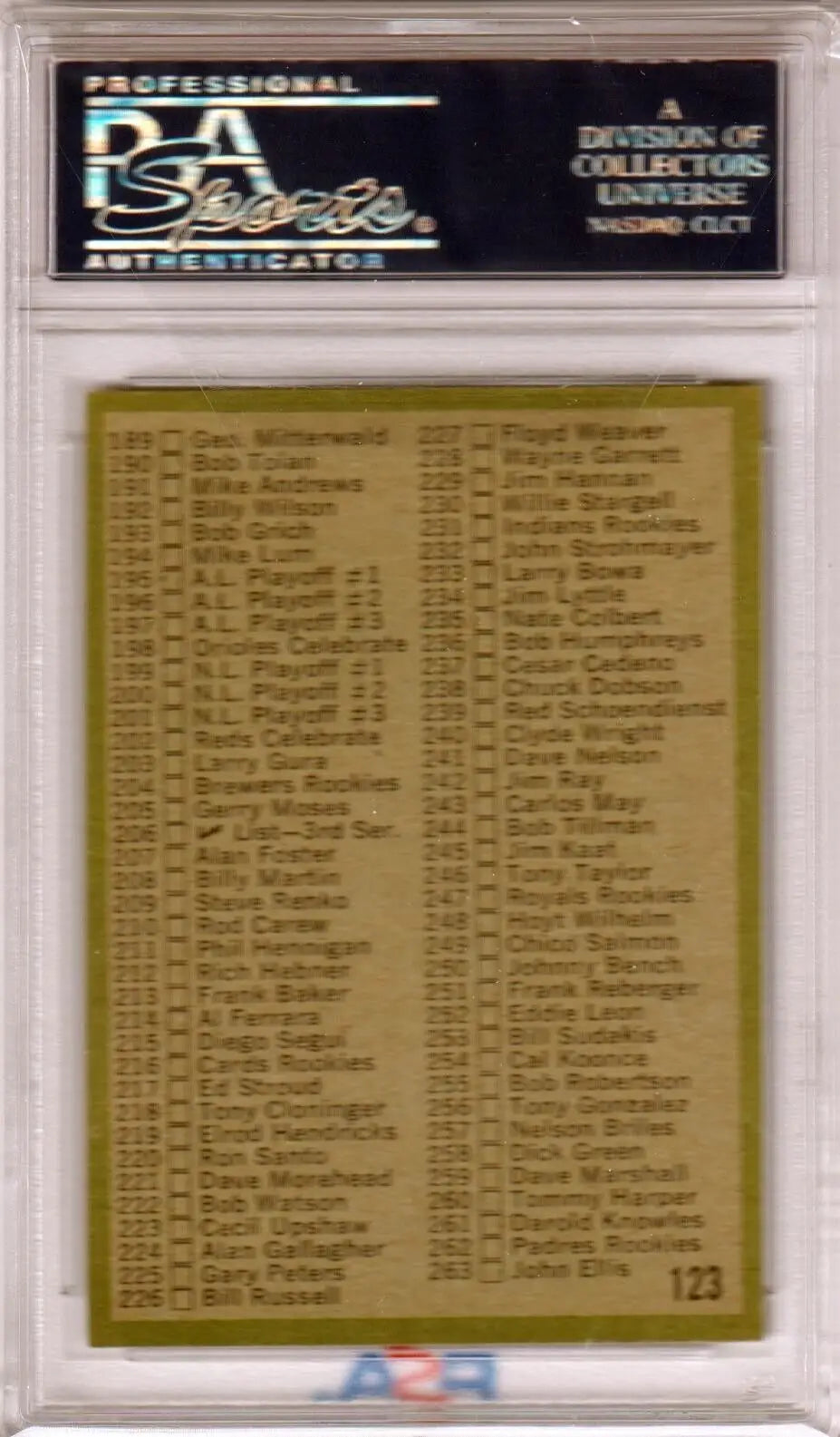 Graded baseball card checklist image featuring 1971 Topps Checklist #123 PSA 7 NM at Columbia Hobby