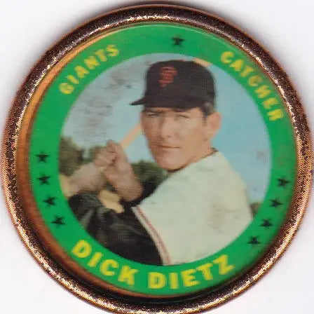 Circular Topps Coin featuring Dick Dietz, a Giants player, from 1971 trading cards