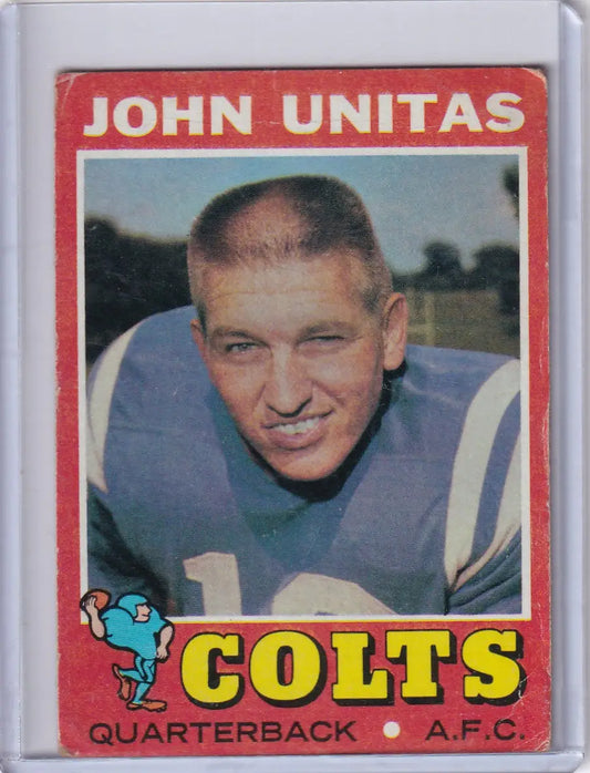 Vintage 1971 Topps Football card of John Unitas in blue jersey for Baltimore Colts
