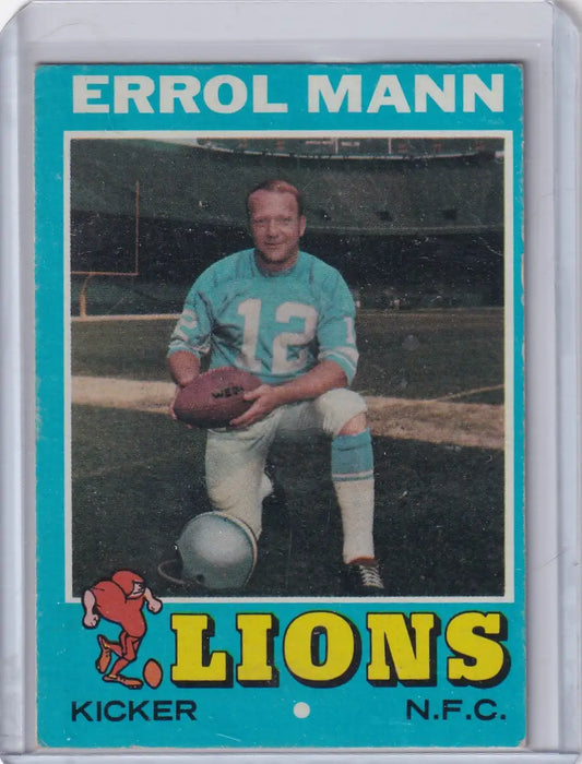 Vintage 1971 Topps Football card of Errol Mann from the Detroit Lions team
