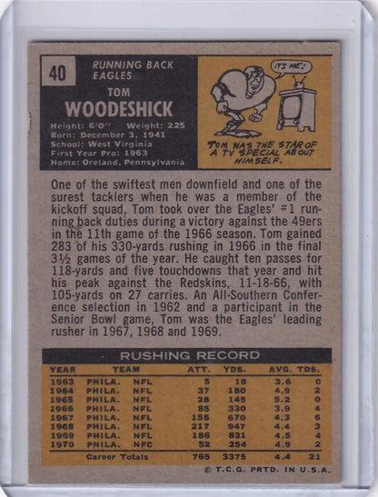 Topps Football trading card of Tom Woodeshick from the Philadelphia Eagles