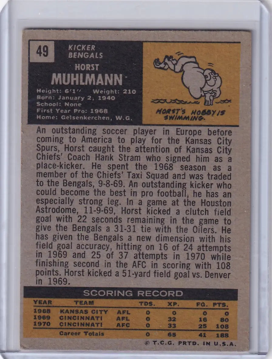 Vintage Topps Football trading card of Horst Muhlmann from the Cincinnati Bengals
