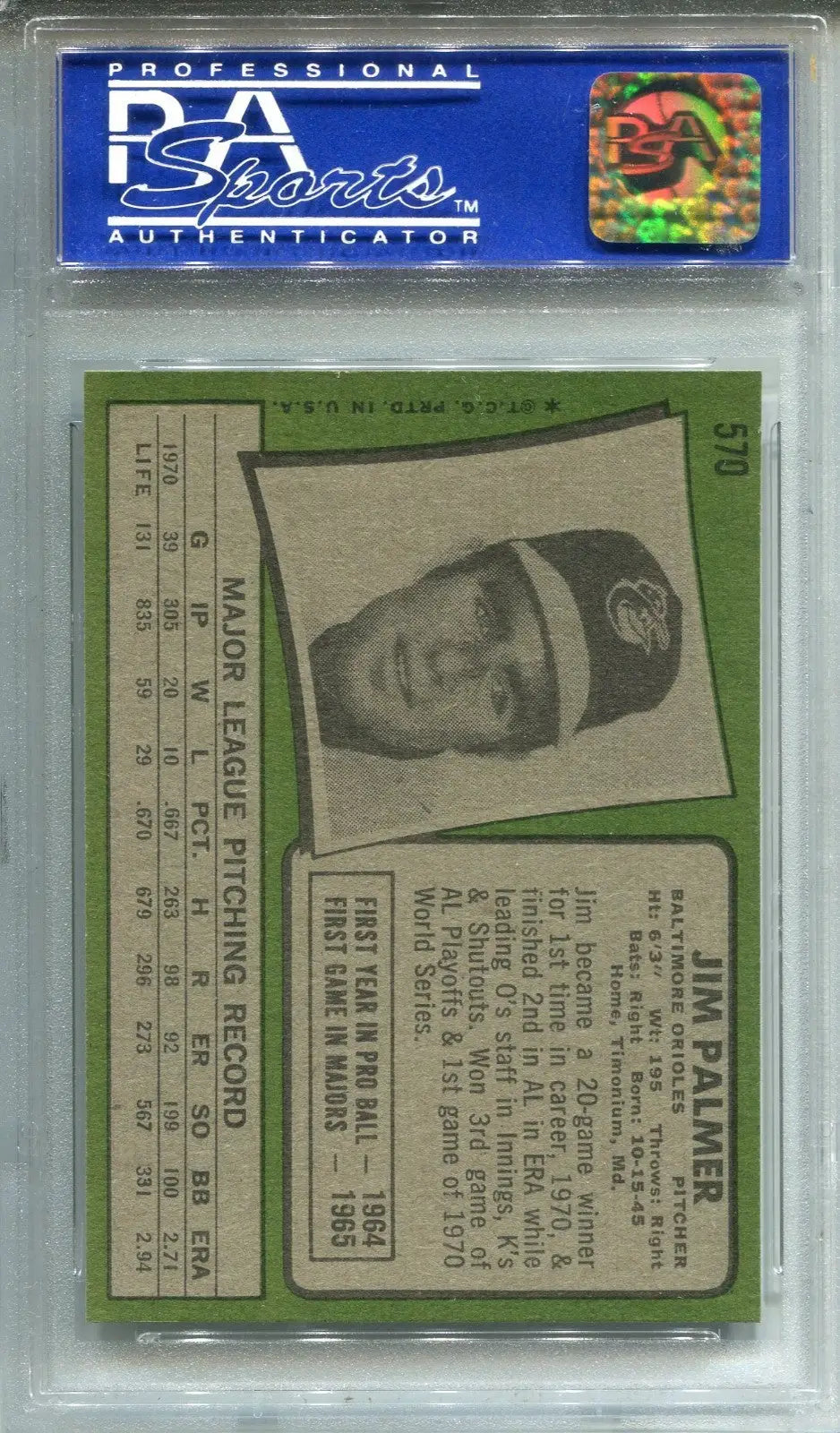 1971 TOPPS JIM PALMER #570 PSA 8 Baltimore Orioles NMT-MT