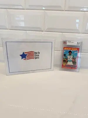 Sports trading card and box featuring Mercury Morris 1971 Topps Mercury Morris #91 BVG 5.5