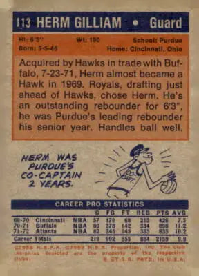 Vintage basketball card of Herm Gilliam from the 1972-73 Topps Atlanta Hawks series