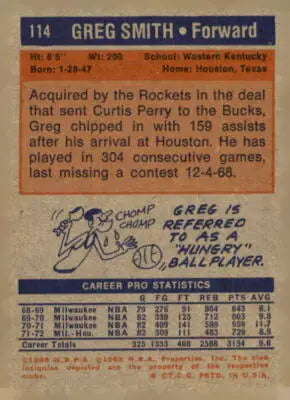 Vintage Greg Smith basketball trading card from 1972-73 Topps series