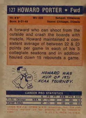 Howard Porter 1972-73 Topps #127 trading card featuring Chicago Bulls player