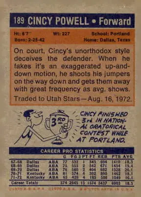 Vintage basketball card of Cincy Powell from 1972-73 Topps series