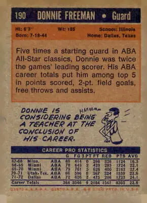 Donnie Freeman basketball trading card back featuring Dallas Chaparrals player details
