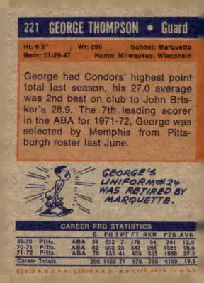 Vintage George Thompson Memphis Tams player trading card from 1972-73 Topps #221