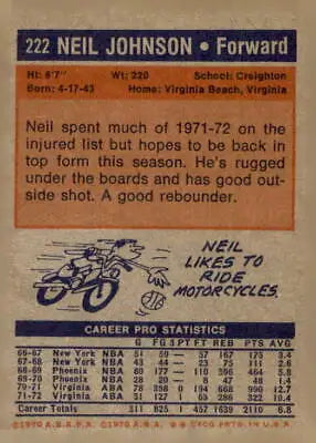 Vintage basketball card back featuring Neil Johnson from 1972-73 Topps sports trading card