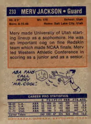 Vintage trading card of Merv Jackson Utah Stars player from 1972-73 Topps series