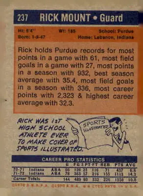 Vintage Rick Mount basketball card from 1972-73 Topps series, a collectible sports trading card