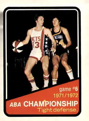 Vintage ABA basketball trading card from the 1972-73 Topps series featuring ABA Finals Game 6