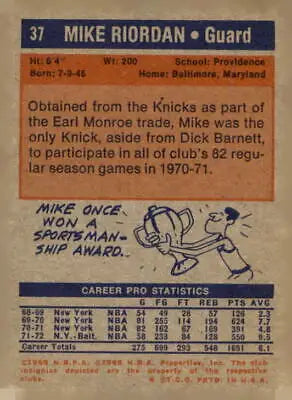 Back of the 1972-73 Topps Mike Riordan Baltimore Bullets trading card