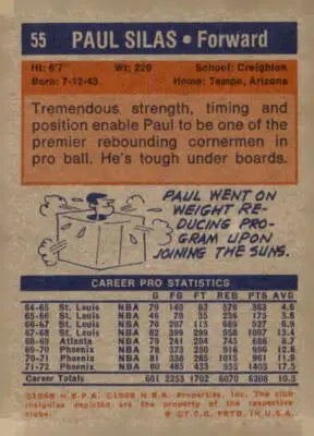 Paul Silas basketball card back from 1972-73 Topps #55 showcasing classic silas basketball card