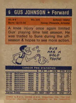 Vintage Gus Johnson basketball card from 1972-73 Topps featuring Gus Johnson of the Phoenix Suns