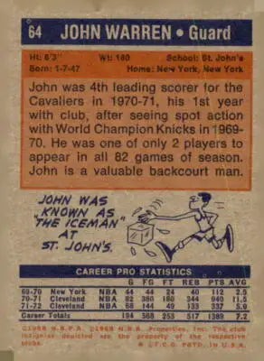 John Warren basketball trading card from 1972-73 Topps series, sports trading card