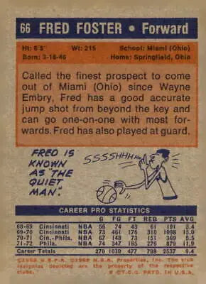 Vintage basketball trading card back featuring Fred Foster from 1972-73 Topps #66