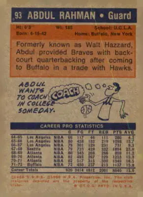 Abdul Rahman basketball sports trading card from 1972-73 Topps series