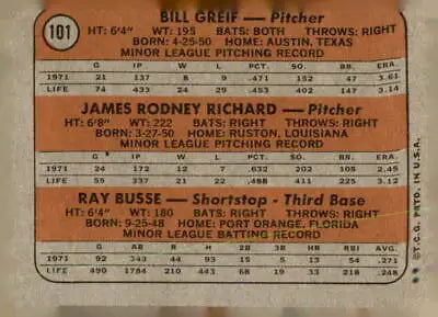 Vintage baseball card back of 1972 Topps Astros Rookie Stars featuring Ray Busse