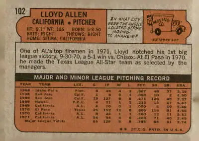 Vintage baseball card back of 1972 Topps #102 Lloyd Allen from California Angels