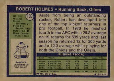 Vintage Robert Holmes trading card from 1972 Topps series, EX-MT condition