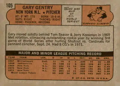 1972 Topps #105 Gary Gentry EX-MT sports trading card back showcasing player stats