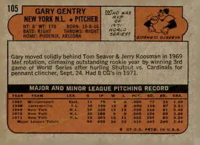 Vintage Gary Gentry baseball card back from 1972 Topps #105 Gentry baseball card