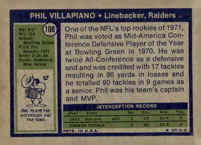 Phil Villapiano sports trading card from 1972 Topps #108 in EX-MT condition