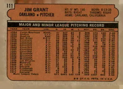 Back of 1972 Topps #111 Jim Grant baseball card featuring Oakland Athletics details