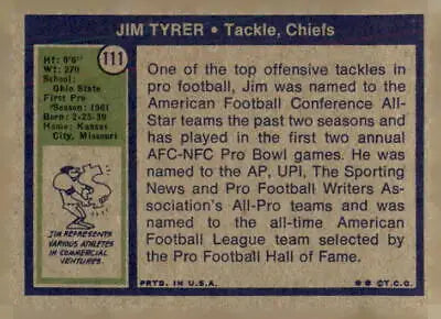 Jim Tyrer football card featuring Kansas City Chiefs player from 1972 Topps series