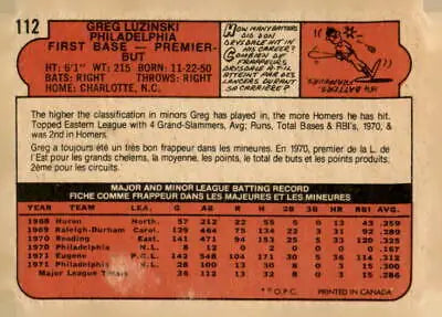 Vintage Greg Luzinski baseball card back from 1972 Topps #112 featuring Luzinski baseball card details
