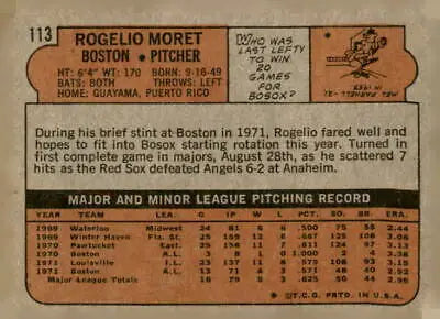 Rogelio Moret baseball card back from 1972 Topps, showcasing Boston Red Sox history