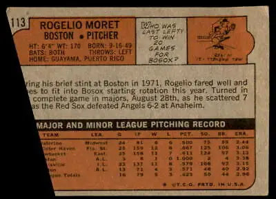 Vintage baseball card back of Rogelio Moret from the 1972 Topps Boston Red Sox series