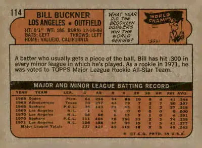 Vintage baseball card back from 1972 Topps #114 Bill Buckner sports trading card