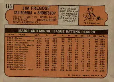 Vintage 1972 Topps #115 Jim Fregosi baseball card for collectors of Fregosi sports trading