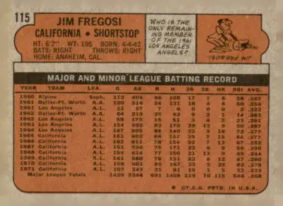 Vintage 1972 Topps Jim Fregosi trading card of California Angels player
