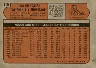 Vintage 1972 Topps #115 Jim Fregosi baseball card featuring the iconic player design
