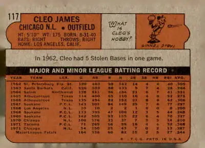 Vintage trading card back featuring 117a Cleo James from the 1972 Topps collection
