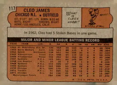 Cleo James baseball card back from 1972 Topps #117b Cleo James Green under C and S VG-EX