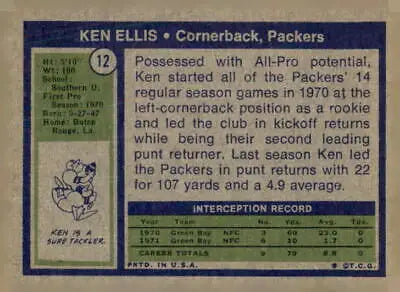 Vintage Ken Ellis football card from 1972 Topps sports trading packers player collectible