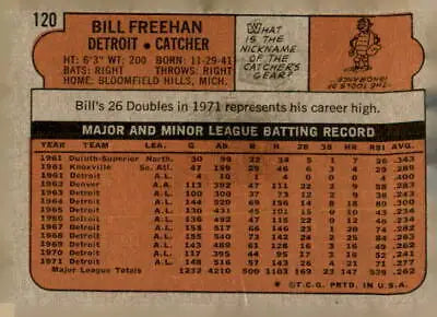 Vintage Detroit Tigers Bill Freehan baseball trading card back from 1972 Topps #120