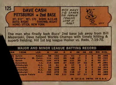 Vintage trading card back featuring Dave Cash of the Pittsburgh Pirates from 1972 Topps #125