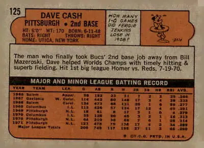 Vintage baseball card back of 1972 Topps #125 Dave Cash for Pittsburgh Pirates fans