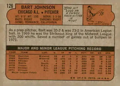 Vintage 1972 Topps Bart Johnson trading card back for sports trading card collectors