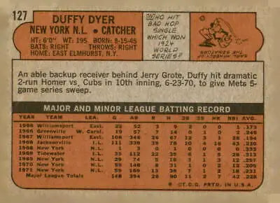 Vintage baseball card back of 1972 Topps #127 Duffy Dyer, a York Mets standout trading card