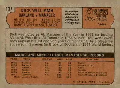 Vintage 1972 Topps #137 Dick Williams baseball card back for collectors