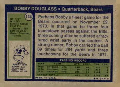 1972 Topps Bobby Douglass football card featuring Bobby Douglass football collectible